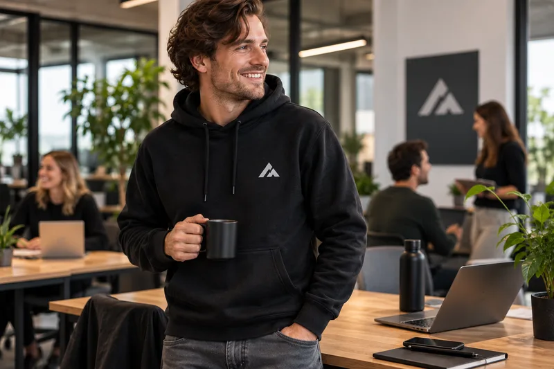 Collega in hoodie met bedrijfslogo op kantoor
