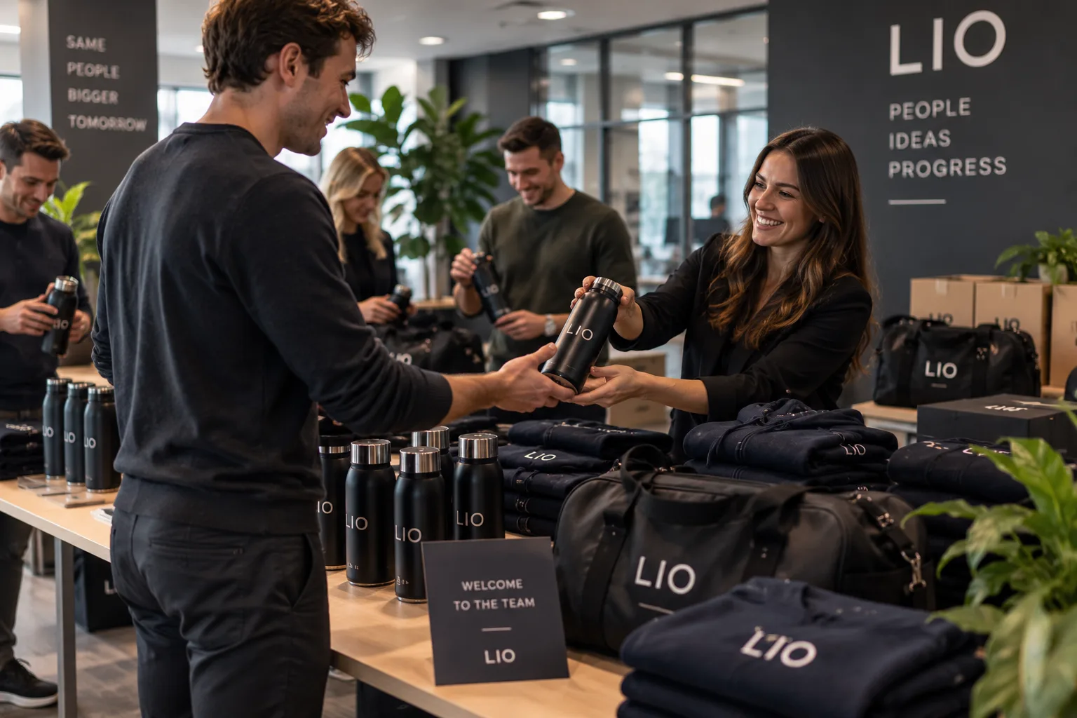 Collega's op kantoor die luxe waterflessen en tassen met eigen bedrijfslogo uitdelen aan nieuwe medewerkers