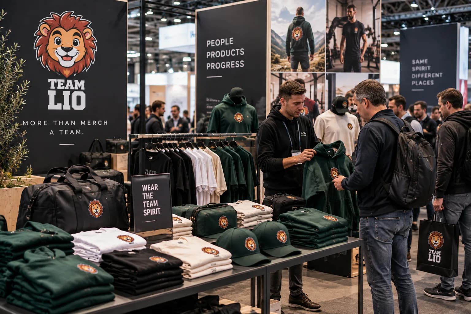 Merchandise op een beursstand: hoodies, t-shirts, caps en tassen met eigen logo, uitgestald en in gesprek getoond aan bezoekers