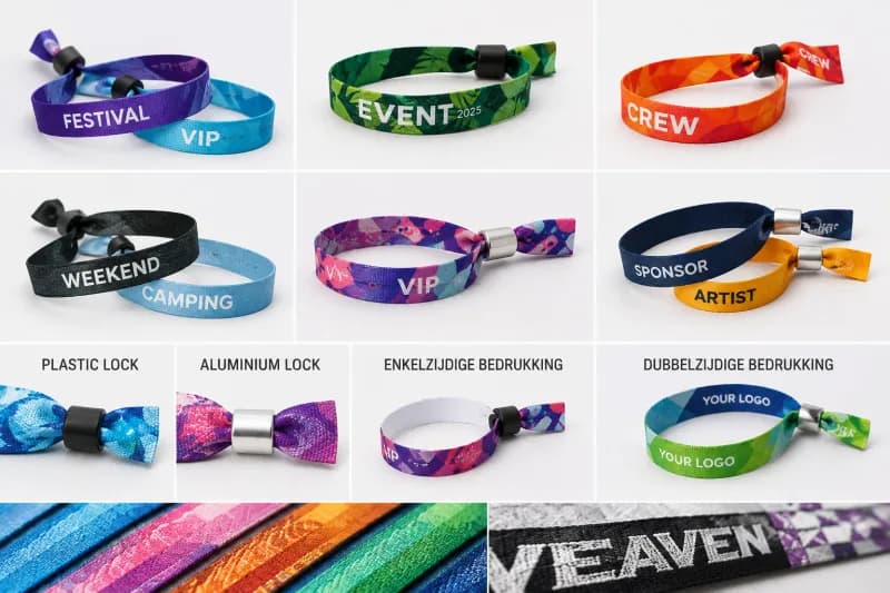 Verschillende soorten polsbandjes met diverse kleuren, bedrukkingen, sluitingen en uitvoeringen