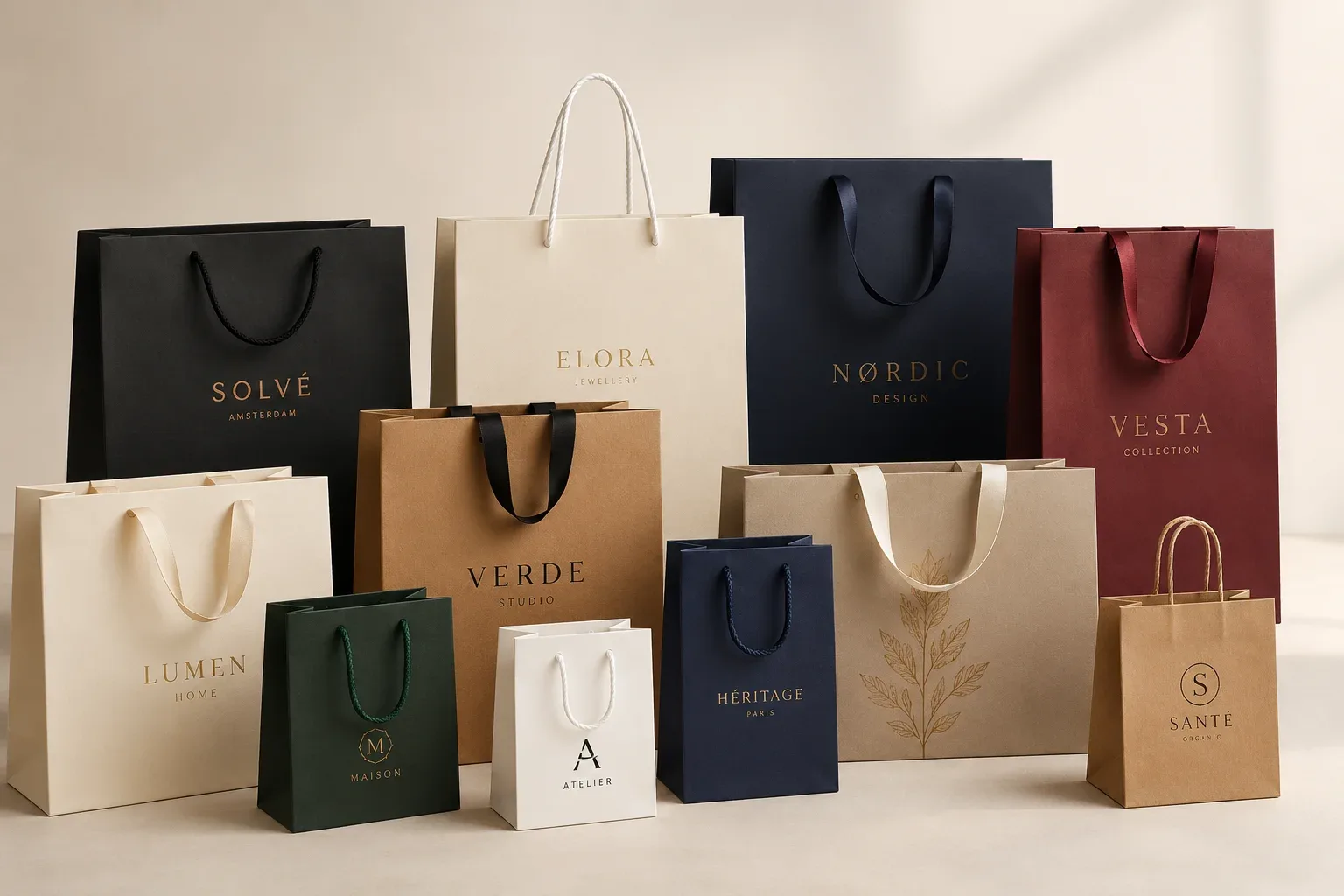 Giftbags in verschillende formaten, kleuren en bedrukkingen
