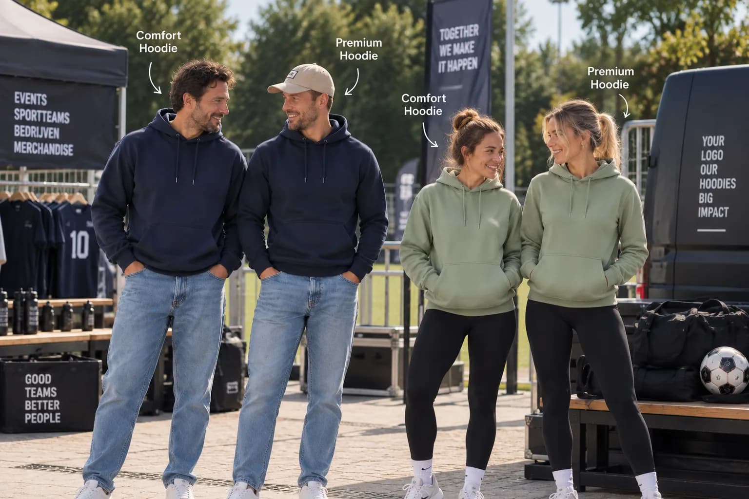 Comfort Hoodie en Premium Hoodie in marineblauw en salie