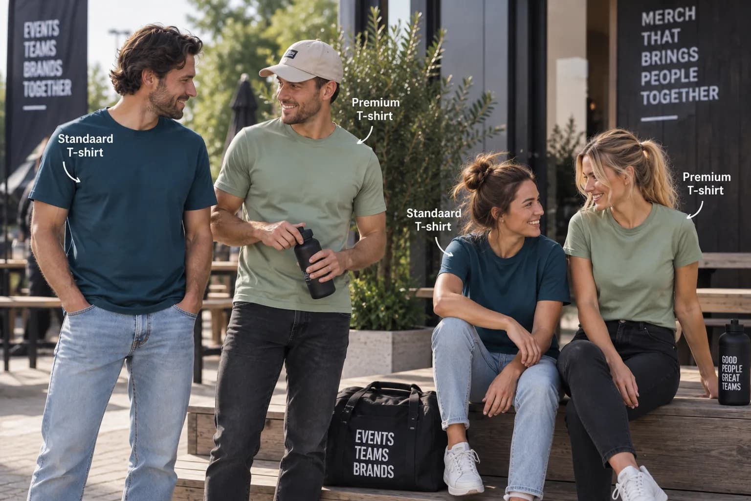 Standaard T-shirt en Premium T-shirt in blauw en salie